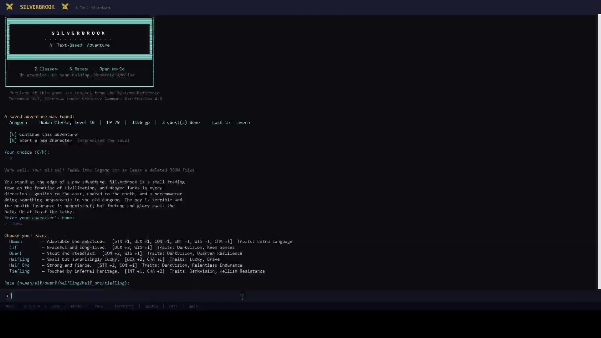 Silverbrook: a Text-Based RPG screenshot 1